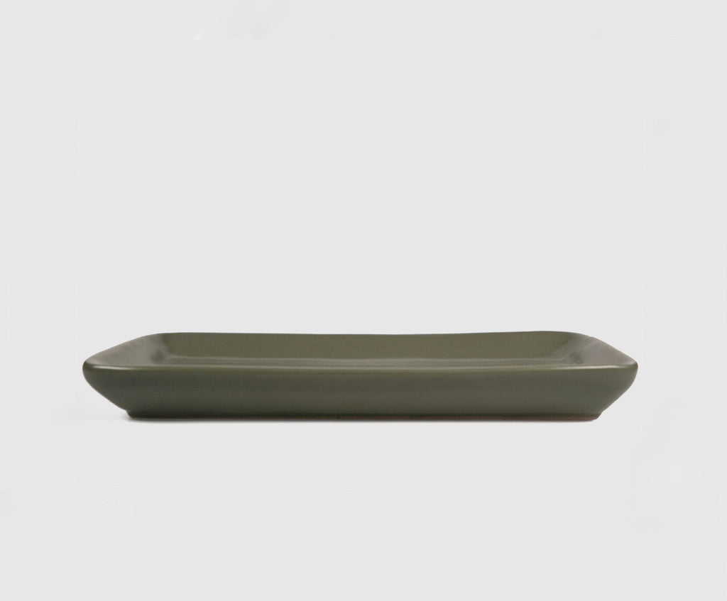Flat Rectangular Tray by Humo 1810 – olive semi-matte ceramic, rounded corners, 11.25 inch