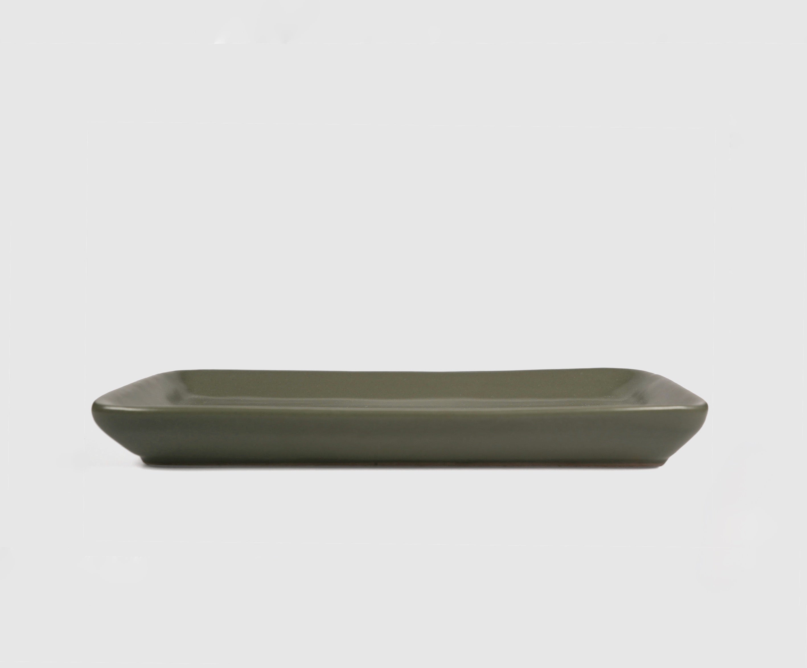 Flat Rectangular Tray by Humo 1810 – olive semi-matte ceramic, rounded corners, 11.25 inch