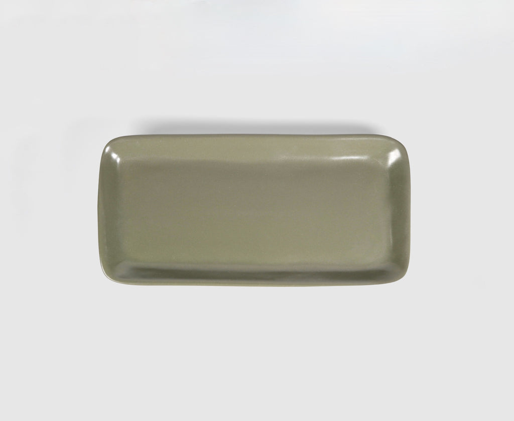 Flat Rectangular Tray by Humo 1810 – olive semi-matte ceramic, rounded corners, 11.25 inch