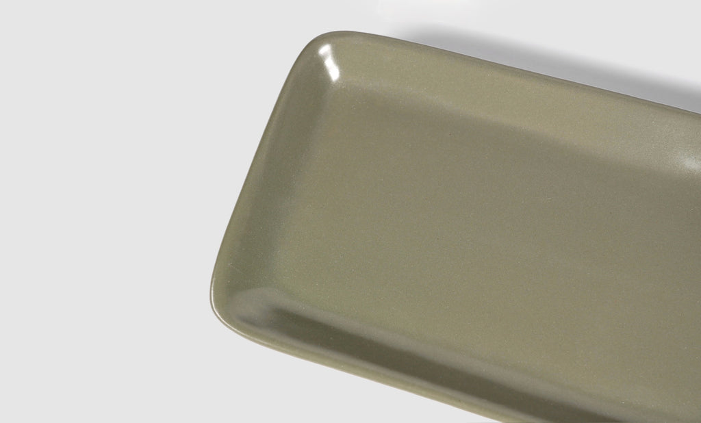 Flat Rectangular Tray by Humo 1810 – olive semi-matte ceramic, rounded corners, 11.25 inch