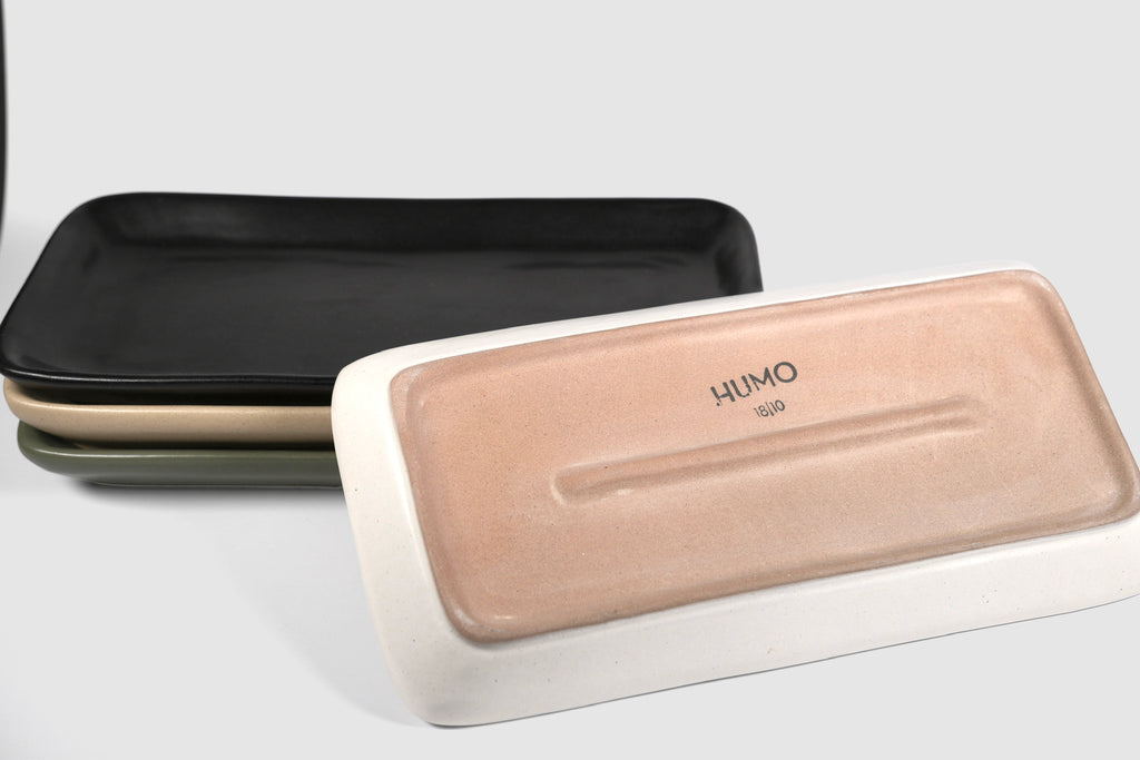 Flat Rectangular Tray by Humo 1810 – olive semi-matte ceramic, rounded corners, 11.25 inch