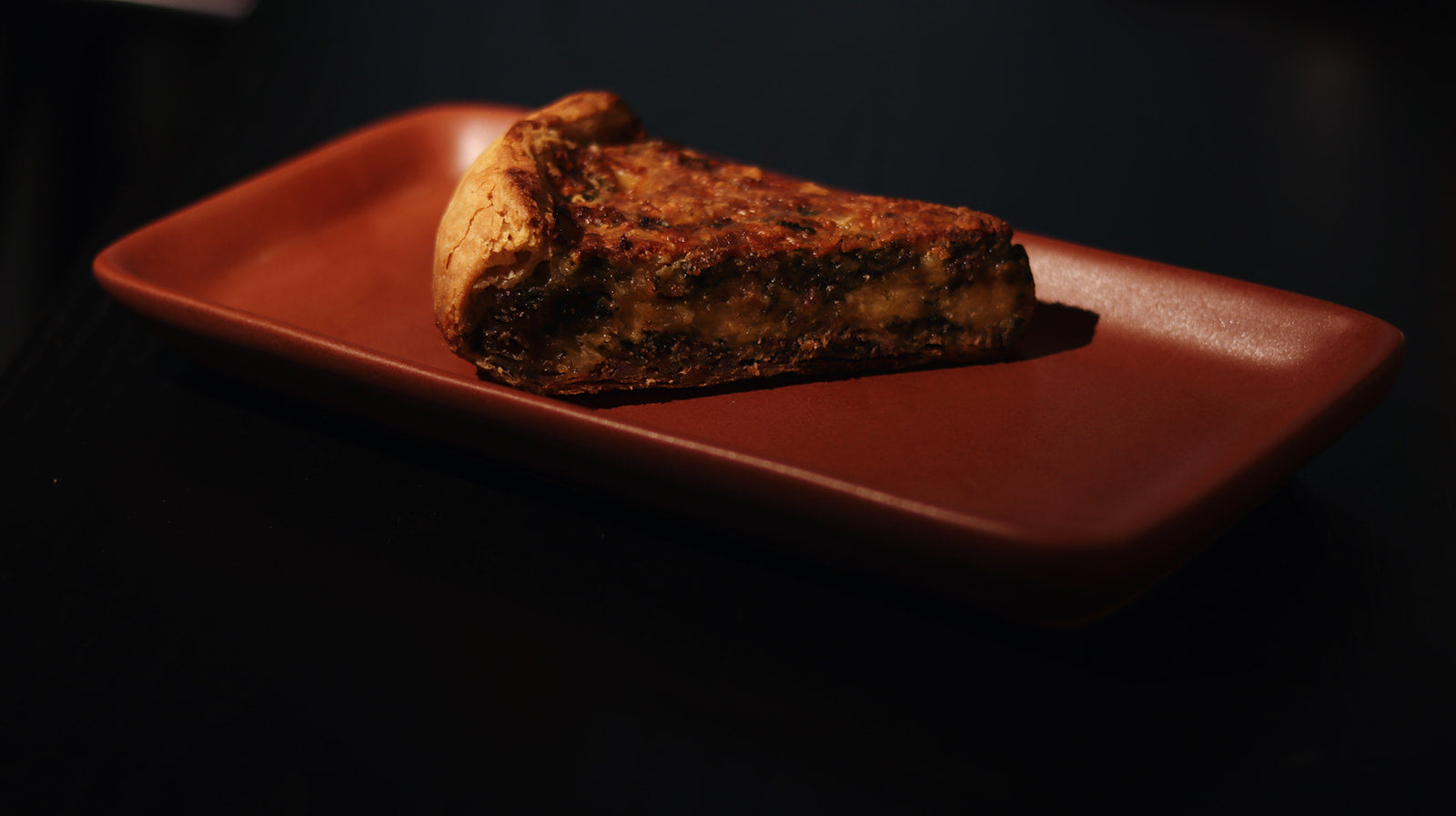 Flat Rectangular Tray with a piece of quiche 
